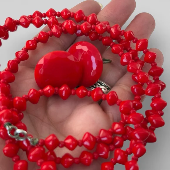 Vintage Czech Red Glass Necklace Set Bohemian Art Deco Flapper Style Jewelry - Picture 6 of 7